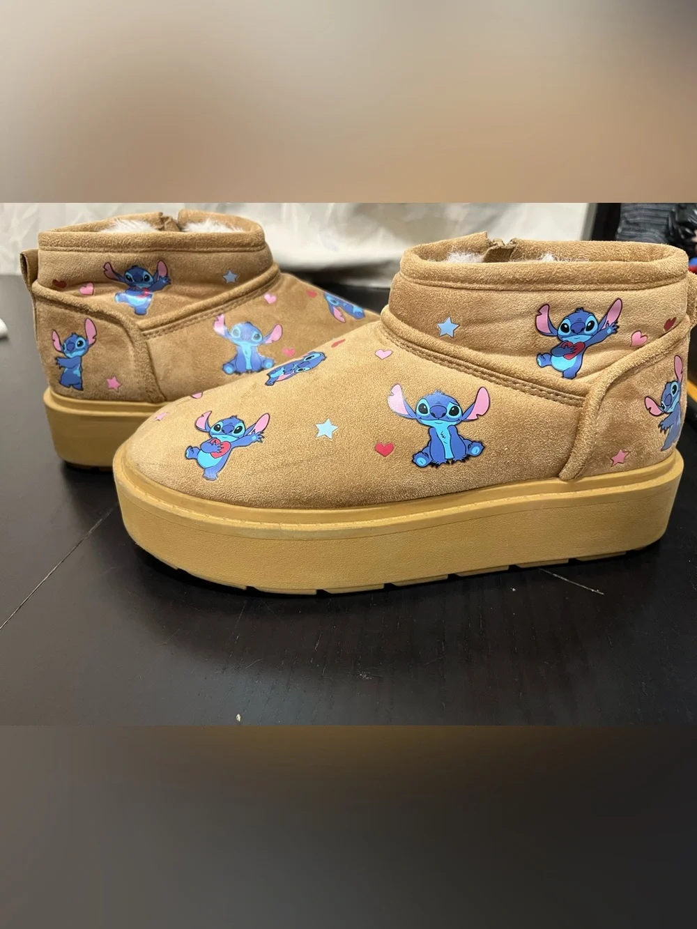 ZARA Kids Girls Lilo & Stitch Low Faux Fur Winter Boots Brown Sz Big Kids 4
